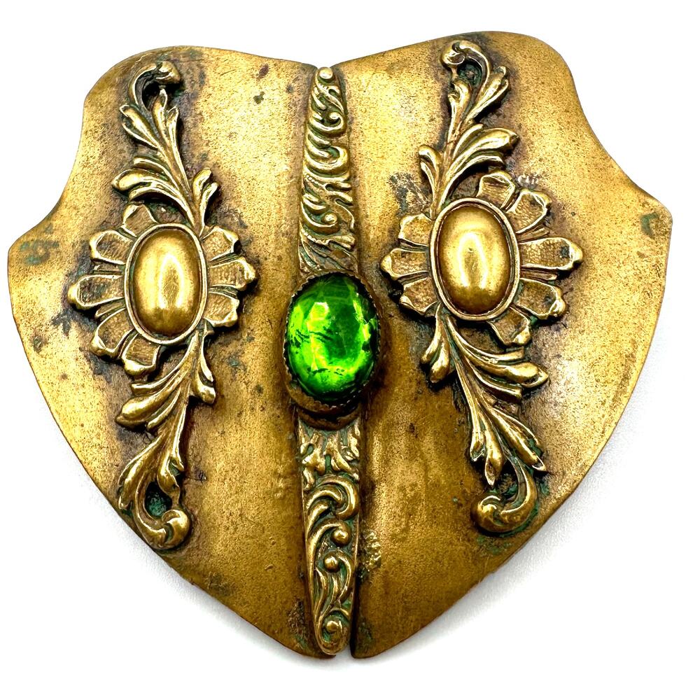 Antique Art Nouveau 1800s 1900s brass green uranium glass sash pin brooch buckle